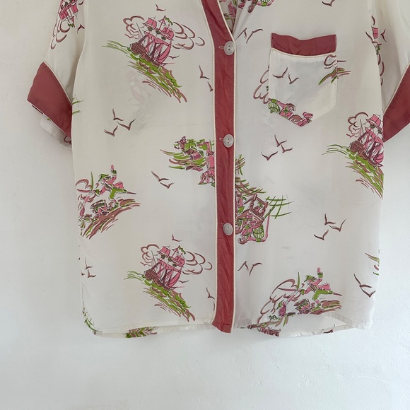 vintage 50s pirate ship seas print top blouse S M - Picture 3 of 7